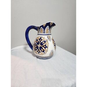 I. Godinger & Co. Ceramic Pitcher Blue Yellow Mediterranean Floral Vase 9.5in